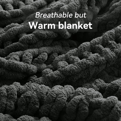 Chunky Knit Throw Blanket, 50''*60'' Knitted Throw Chenille Yarn for Bed Couch, Handmade Dark Grey Crochet Big Thick Blanket, Machine Washable Cute Comfy Blanket for Home Decor