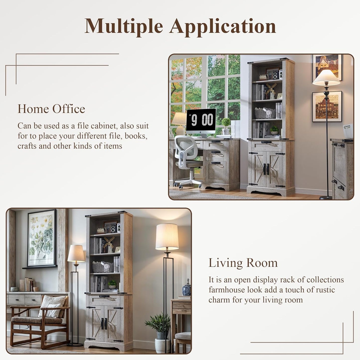 RedLemon Bookshelf with Storage Cabinet, 72" Tall Farmhouse Bookcase with Adjustable Shelves and Barn Door, 4 Tier Office Wood Bookshelf with Drawer for Office Library Living Room (Light Rustic Oak)