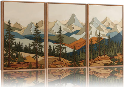 SIGNINART Vintage Mountains Framed Canvas Wall Art, Wooden Forest Wall Decor, Green Wood Pine Trees Wilderness Artwork, Metal Ridge Landscape Art Paintings for Living Room Bedroom Office 16"x24"x3