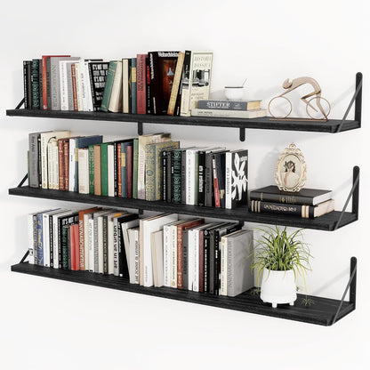 Heimlove 48 Inch Large Floating Bookshelves Set of 3,Black Wall Mounted Bookshelves,Heavy Duty Wooden Shelves for Living Room,Bedroom,Kitchen,Laundry Room Storage & Decor