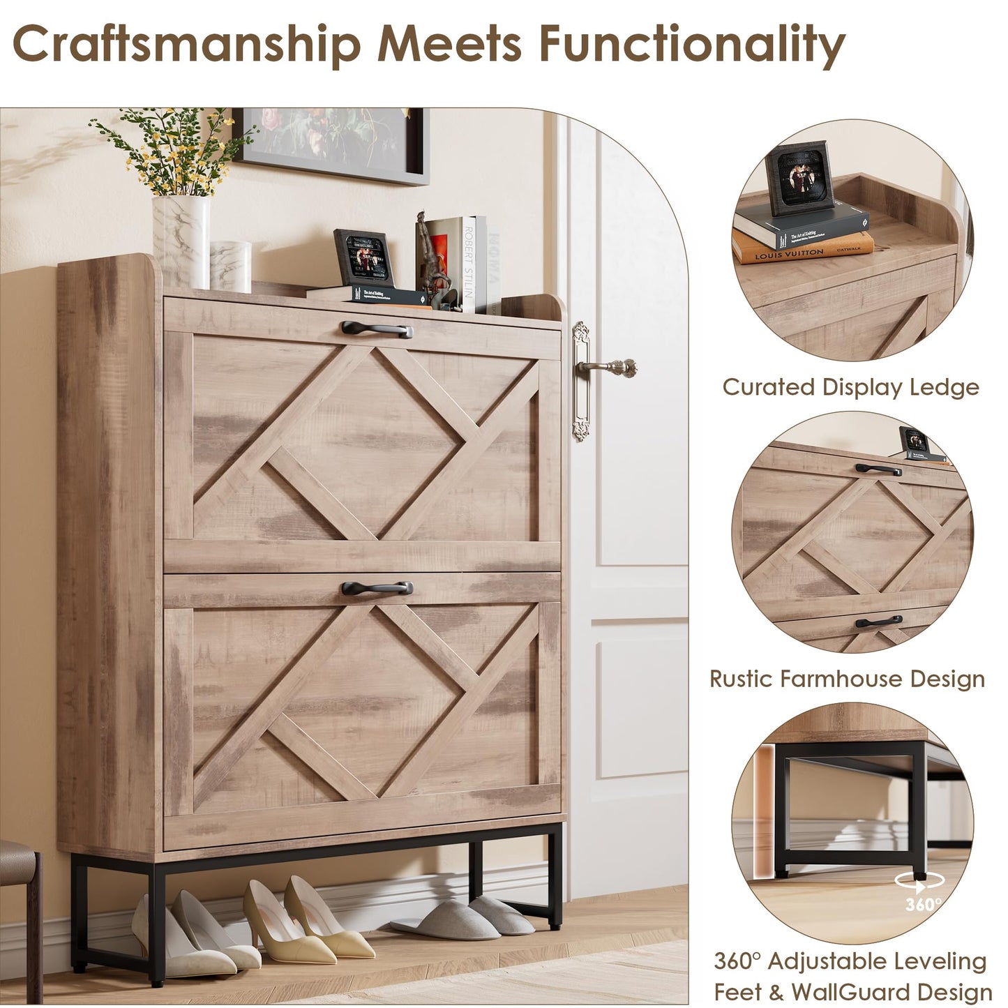 Nicetree Shoe Cabinet with 2 Flip Drawers，Freestanding Shoe Storage Cabinet, Narrow Shoe Organizer