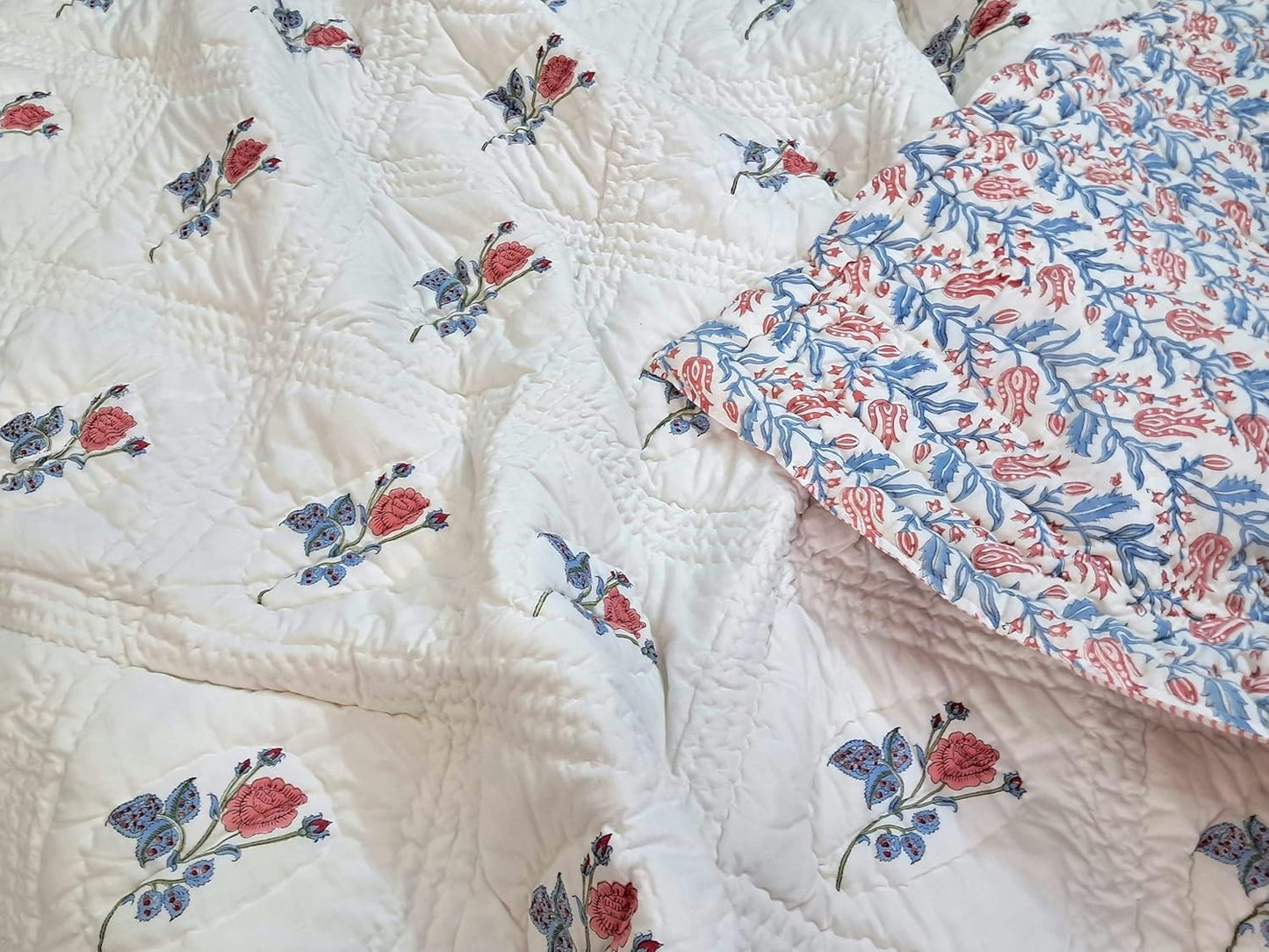 Queen Size Rose Pink Cotton Throw Blanket – Hand Block Printed 90x108 Bedspread – Lightweight Soft Quilt for Sofa, Couch, or Bed – Cozy All-Season Boho Blanket