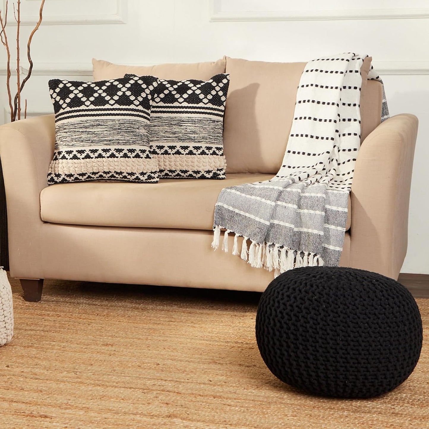 REDEARTH Round Pouf Foot Stool Ottoman - Hand Knitted Bean Bag - Cord Boho Pouffe - Cable Poof Footrest for Living Room - Nursery - Bedroom - Patio - 100% Cotton - Home Decor (19.5"x19.5"x14") - Black