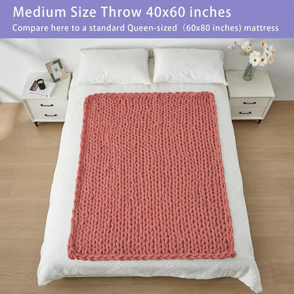Bigacogo Chunky Knit Throw Blanket for Couch, 40x60 inches, 100% Hand Knitted with Thick Jumbo Chenille Yarn, Cozy Soft Large Rope Knot Cable Crochet Blankets for Sofa Bed Living Room, Antique Red