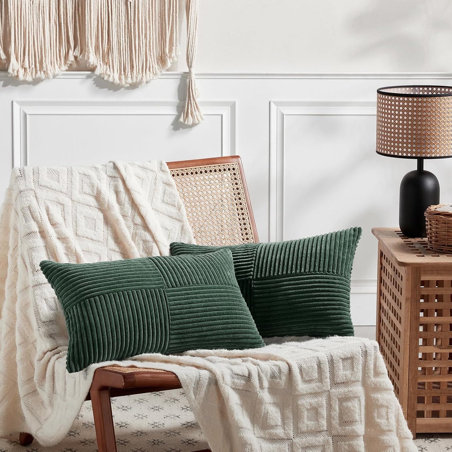 Fancy Homi Set of 2 Dark Green Lumbar Decorative Throw Pillow Covers 20x28 Inch for Living Room Couch Bed, Boho Farmhouse Forest Green Home Decor, Soft Corduroy Corss Patchwork Cushion Case