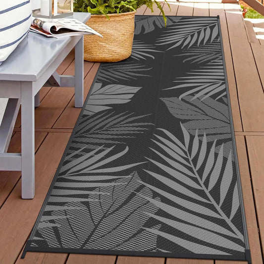 GENIMO Outdoor Rug 2.5' x 8' Waterproof for Patios Clearance, Reversible Outdoor Plastic Straw Camping Rug Carpet, Large Area Rugs Mats for RV, Camper, Deck, Balcony, Porch, Beach, Picnic, Black&Grey