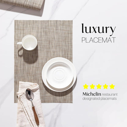 LEXMORE Placemats Set of 8 Vinyl/Plastic Woven Place Mats for Kitchen Table Indoor/Outdoor Washable Placemat Wipeable Dining Table Mats(Caramel)