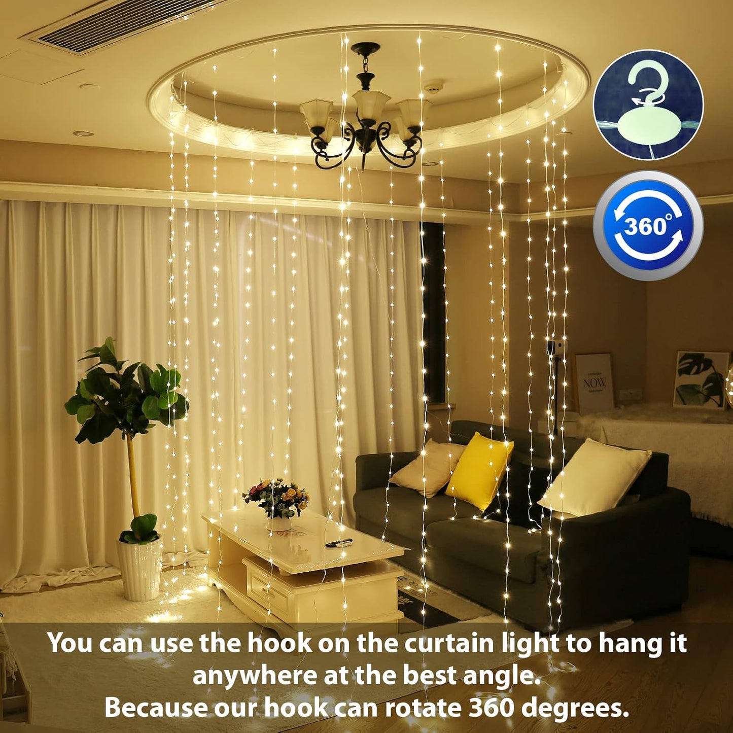 HXWEIYE 300LED Fairy Curtain Lights for Bedroom Warm White, 3mx3m 8 Modes USB Plug in Window Christmas Led String Hanging Lights with Remote for Backdrop Wedding Party Home Garden Outdoor Indoor