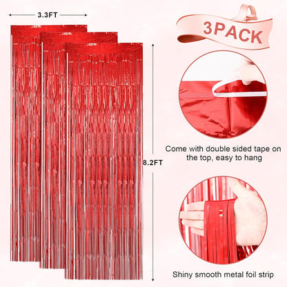 3 Pack 3.3 x 8.2 ft Laser Red Foil Fringe Backdrop Curtains, Tinsel Streamers Birthday Party Decorations, Fringe Backdrop for Graduation, Baby Shower, Gender Reveal, Disco Party