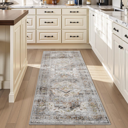 AMOAMI-2X6 Runner Rug-Washable Runners for Hallways-Soft Non Slip Bedside Rugs for Bedroom-Vintage Long Rug for Hallways Entryway Laundry Room Stair Kitchen Bathroom Grey