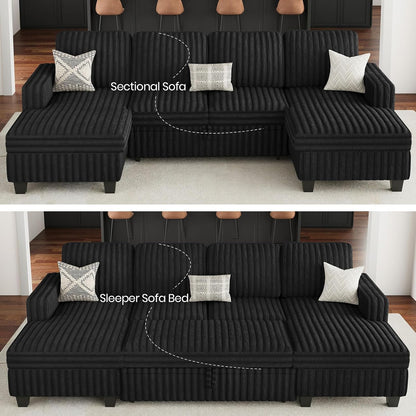 Belffin Modular Sectional Sleeper Sofa with Pull Out Couch Bed Corduroy Double Chaise with Storage Black Couch