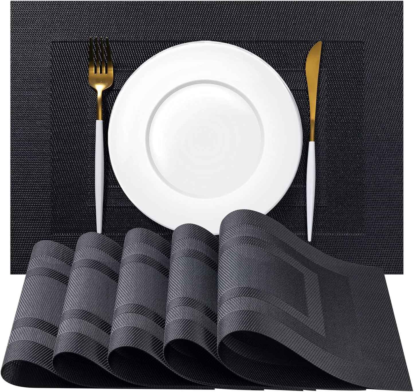 Placemats Set of 12 - Easy Clean Woven Vinyl Placemats for Dining Table, Indoor/Outdoor Place Mats, Washable PVC Table Mats（Black Cube）