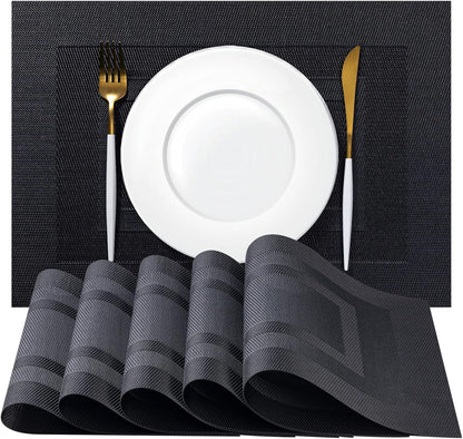 Placemats Set of 12 - Easy Clean Woven Vinyl Placemats for Dining Table, Indoor/Outdoor Place Mats, Washable PVC Table Mats（Black Cube）