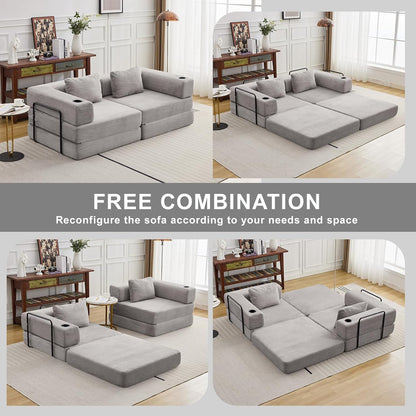 78" W Loveseat Sofa, 4 in 1 Convertible Floor Sofa Bed, Boneless Cloud Couch with Cup Holder, Fold Out Floor Couch, Loveseat Recliner Sleeper for Living Room Bedroom Lounge(Corduroy, White)