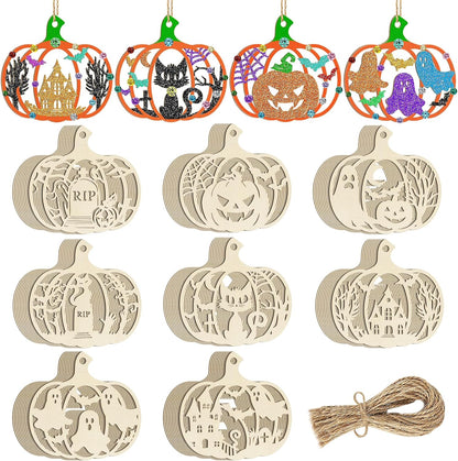 80PCS Wooden Halloween Decoration Pumpkins Ornaments to Paint Happy Halloween Cutouts Unfinished, DIY Blank Unfinished Ghost Spider Web Black Cat Trick or Treat Boo Ornament for Home Crafts Hanging