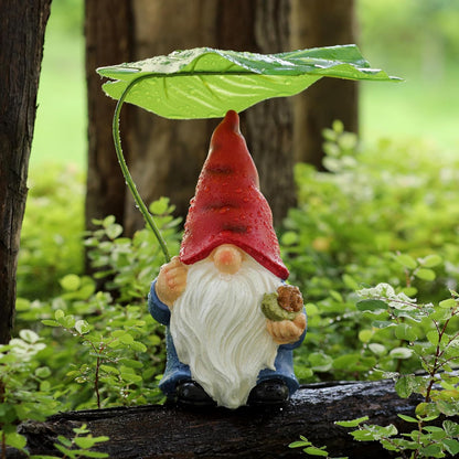 Garden Gnome Statue Decoration with Leaf Umbrella, 7.5” Figurine Ornament for Indoor Outdoor Home Patio Yard Lawn, for Gnome Lovers & Garden Enthusiasts，Mom，Women