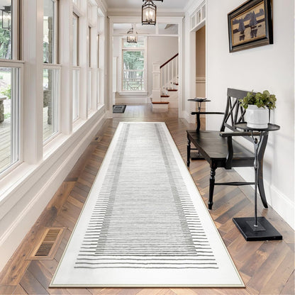 Wonnitar Washable Striped Runner Rug 2'6"x8', Non-Slip Berber Stripe Hallway Runner, Low Pile Minimalist Kitchen Soft Carpet Runner for Bedroom Bathroom Laundry Entryway (Grey, 2'6" x 8')