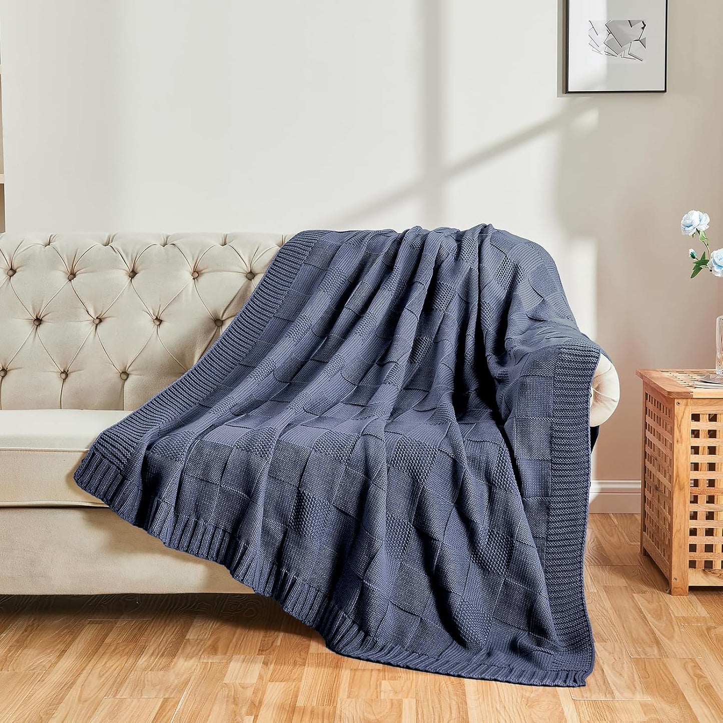 CozeCube Check Knit Throw Blanket, Steel Blue Checkered Throw for Couch, Decorative Christmas Soft Cozy Warm Knitted Blanket for Bed Sofa Living Room, 50"X60"