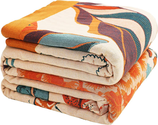 Boho Throw Blanket, 100% Organic Cotton Breathable Soft Lightweight All Season Rustic Bed Throw - Floral Bird Farmhouse Decor Blanket for Sofa Couch Chair Quilt and Gift. 60" x 80"