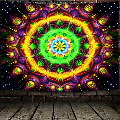 Blacklight Mandala Tapestry for Bedroom, Psychedelic Flower Black Light Posters for Adults and Teens, UV Reactive Aesthetic Bohemian Art Wall Hanging Decor Golden and Green (60 x 50 Inches)
