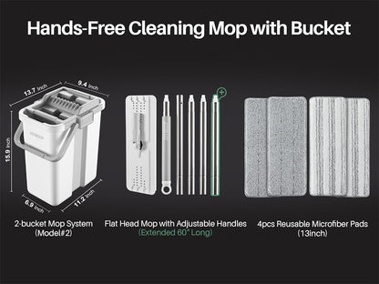 JOYMOOP Mop and Bucket with Wringer Set, Flat Squeeze Mop Flat Head, Dust Mops for Wall Cleaner with Long Handle, Hands-Free Microfiber Mops for Floor Cleaning - White