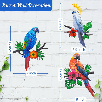Metal Parrots Wall Art Decor Outdoor Decorations for Yard, Outdoor Garden Decor, Patio Decorations Garden Metal Bird Wall Decor-12 Inches Parrot Large Hanging Wall Decor 3 Pack