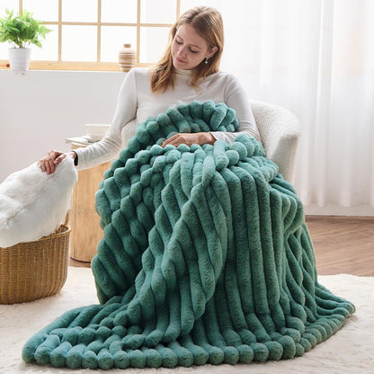 NEWCOSPLAY Faux Fur Throw Blanket Light Teal 3D Ribbed Plush Thick Warm Blanket for Couch Sofa Bed 850GSM (Light Teal Ribbed, Throw(50"x60"))