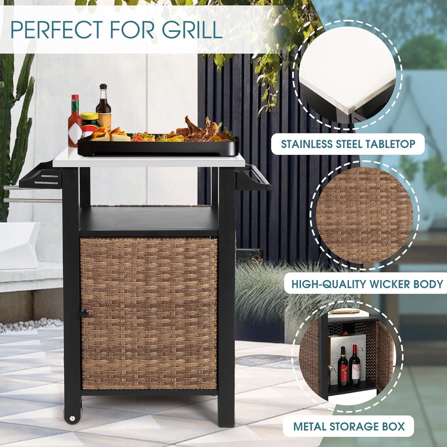 Grill Cart Outdoor with Wheels, Outdoor Prep Table with Wicker Storage and Rolling Wheels, Samll Kitchen Island Serving Cart with Stainless Steel Table Top for BBQ, Porch, Patio, Brown