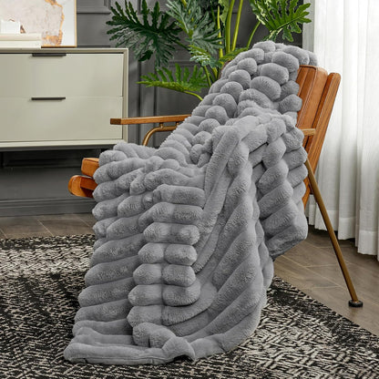 Cozy Bliss Faux Fur Throw Blanket for Couch, Cozy Warm Plush Striped Blanket for Sofa Bedroom Living Room,50 * 60 Inches Grey