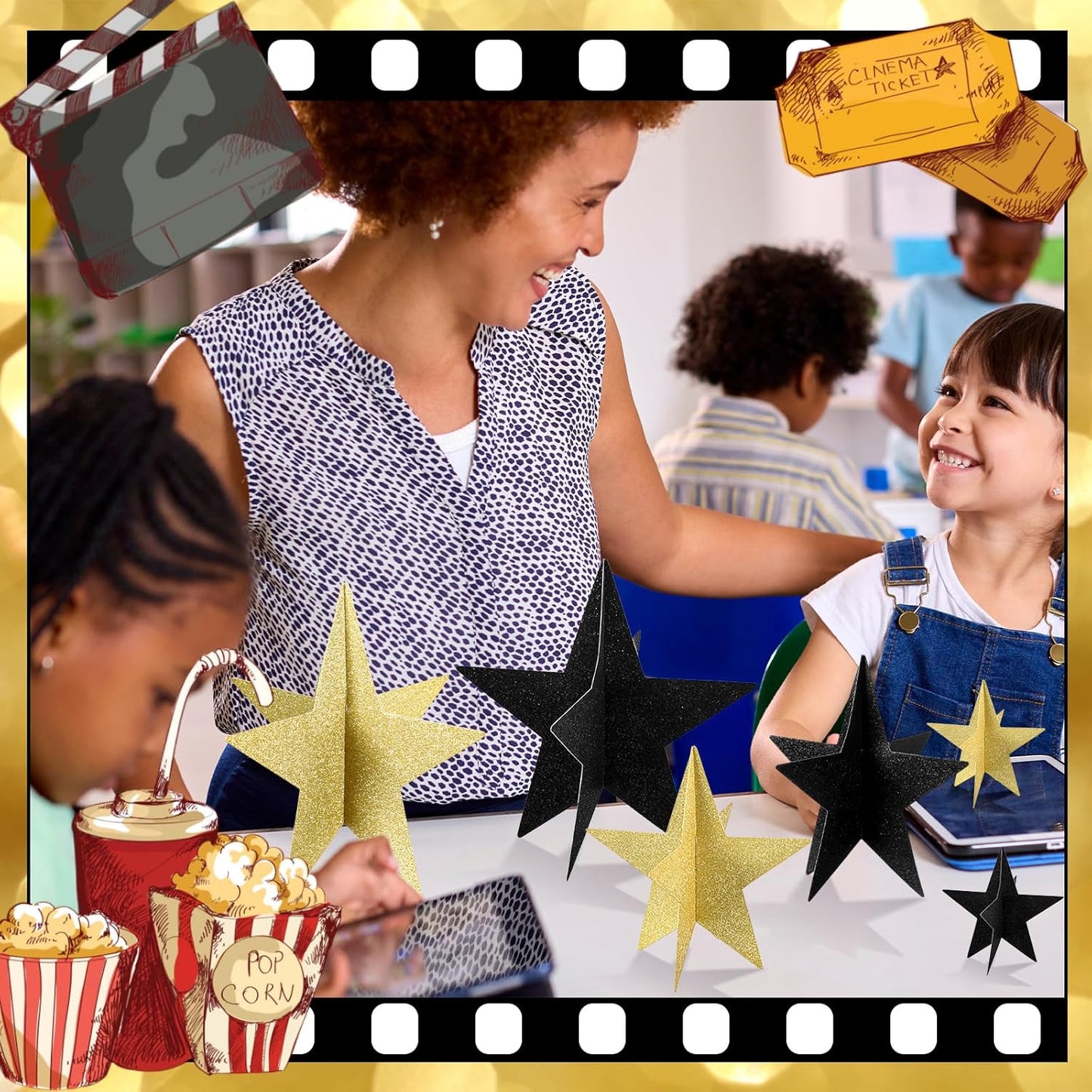 45 Pcs 3D Star Centerpieces Movie Night Decorations for Table in 3 Sizes Hanging Supplies for Red Carpet Film Show Theme Birthday New Year Party First Day of School Table Decor(Black and Gold)