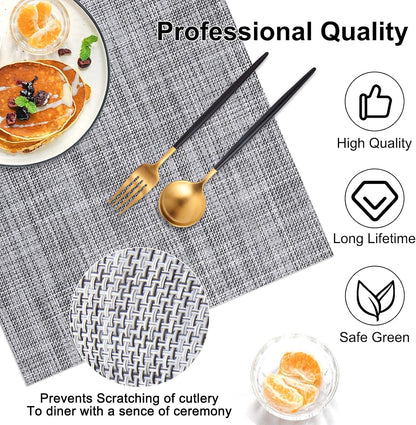 Vinyl Placemats Set of 6, PVC Woven Washable Non-Slip Table Mats, Heat Resistant Wrinkle Free Place Mats for Dining Table, Easy to Clean (6, Light Grey)