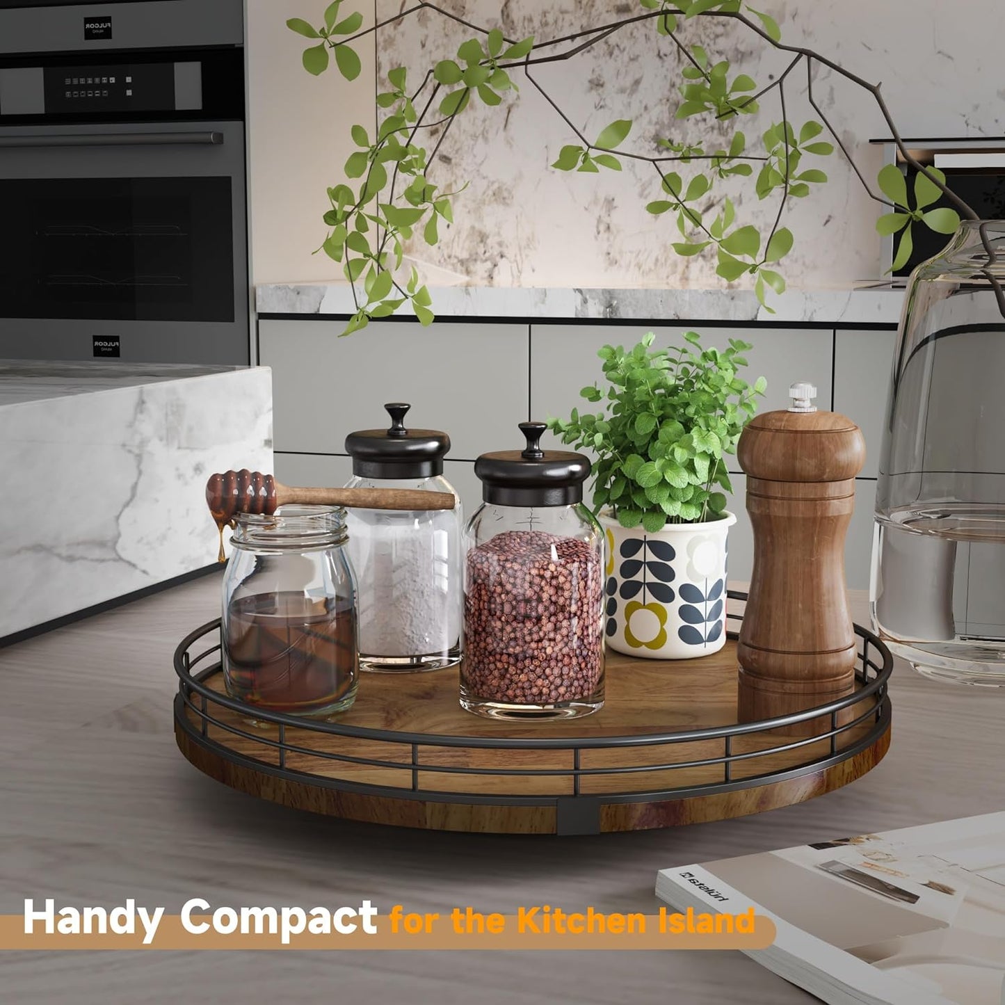 Farmhouse Oak 12" Lazy Susan Turntable Organizer for Cabinet, Round Wooden Lazy Susan Organization and Storage for Dining Table, Pantry, Kitchen, Countertop, Cupboard,Home Decor, Walnut Wood