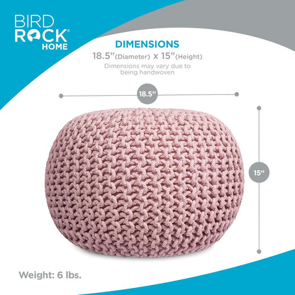 BIRDROCK HOME Round Pouf Ottoman | Cotton Braided Foot Stool with Bean Bag Filling | Boho Foot Rest for Living Room & Bedroom | Compact & Comfortable Seating, Lightweight & Soft | Dusty Rose