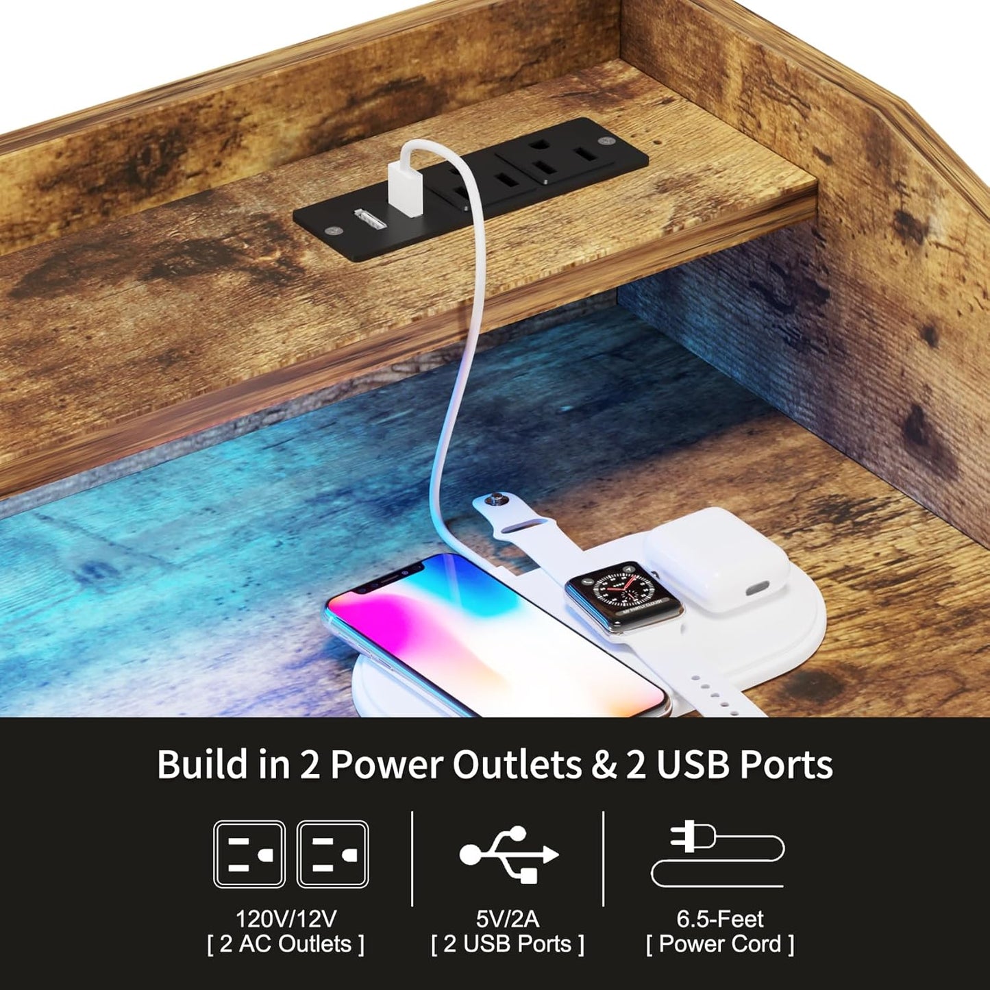 LUMTOK 2-in-1 Dresser with Hanging Racks,5 Fabric Drawers Dressers with LED Lights, Charging Station for Bedroom Living Room, Entryway, Closets (Rustic Brown)