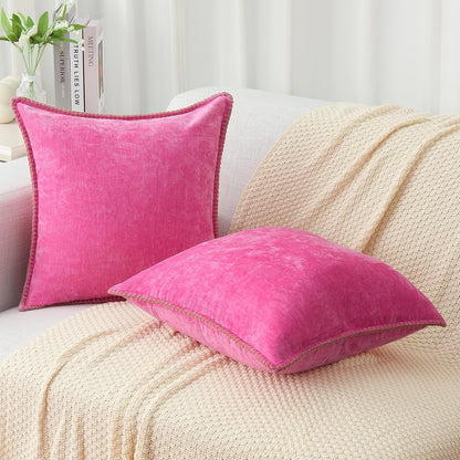 decorUhome Chenille Soft Throw Pillow Covers 20x20 Set of 2, Farmhouse Velvet Neutral Decorative Euro Pillow Covers with Stitched Edge for Couch Sofa Bed Home Decor, Hot Pink