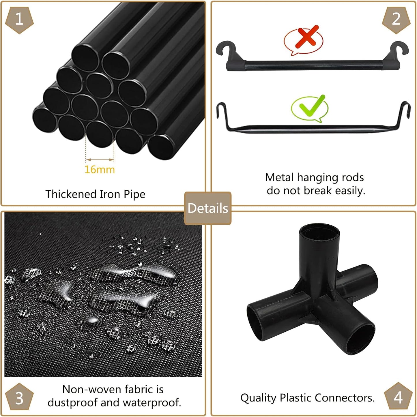 SORCEDAS Portable Wardrobe Closet Storage Organizer Metal Hanging Rack Non-Woven Fabric (Coffee, 51 Inch)