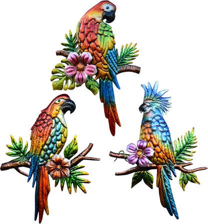 J-Fly Parrot Tropical Wall Art Decor - 3 Hanging Sculptures, Metal, 12" x 8.5", Indoor Kitchen Living Room Wall Mount, Unframed, Glossy, Tropical Style, 3.0 Count