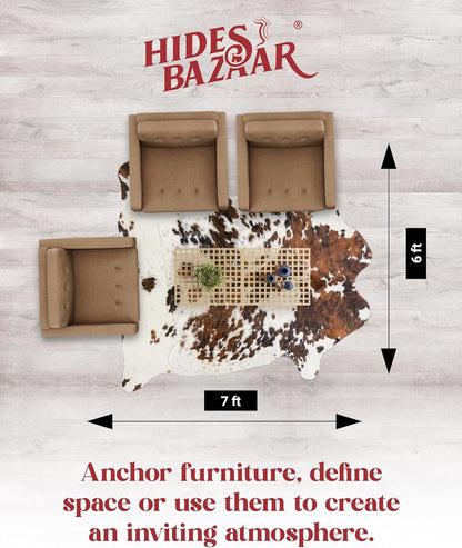 Light Tricolor Cowhide Rug Premium Cowhides Leather with Mixed White, Brown & Black Color Pattern - Natural Cowhide Rug for Office & Home Decor - Cow Hide Rugs 6x6-7 ft