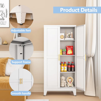 White Metal Storage Cabinet, 48" Steel Cabinets for Home Office, Kitchen Pantry Storage Cabinet with Doors and 3 Adjustable Shelves, for Office, Home, Garage, School