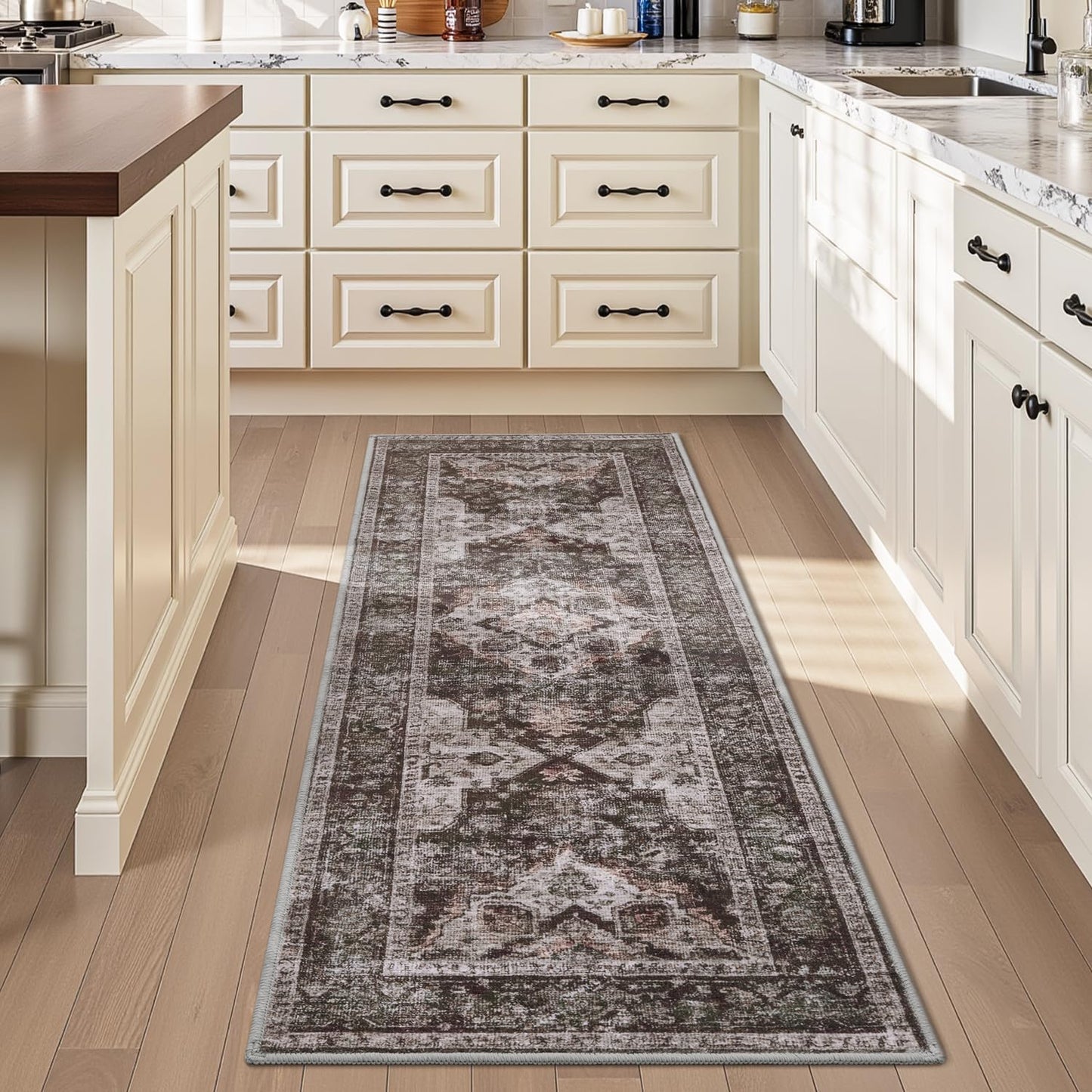 AMOAMI-2X6 Runner Rug-Washable Runners for Hallways-Soft Non Slip Bedside Rugs for Bedroom-Vintage Long Rug for Hallways Entryway Laundry Room Stair Kitchen Bathroom Brick/Brown