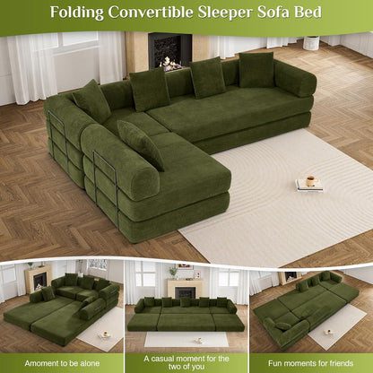 Convertible Sleeper Sofa Bed Set with Pillow, 4-in-1 Corduroy Folding Mattress Boneless Couch with Fixed-Shape Frame, Fold Out Floor Sofa Cama Lounge Couch for Living Room, Olive Green
