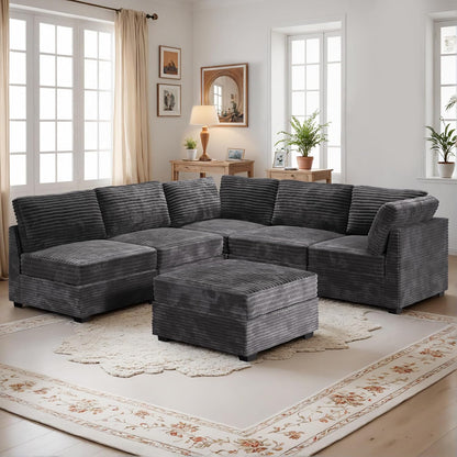 HOOOWOOO Modular Sectional Sofa,6 Pieces Sectional Couches for Living Room,98X98 L Shaped Cloud Couch with Ottoman Chaise Set(Grey Velvet Corduroy)