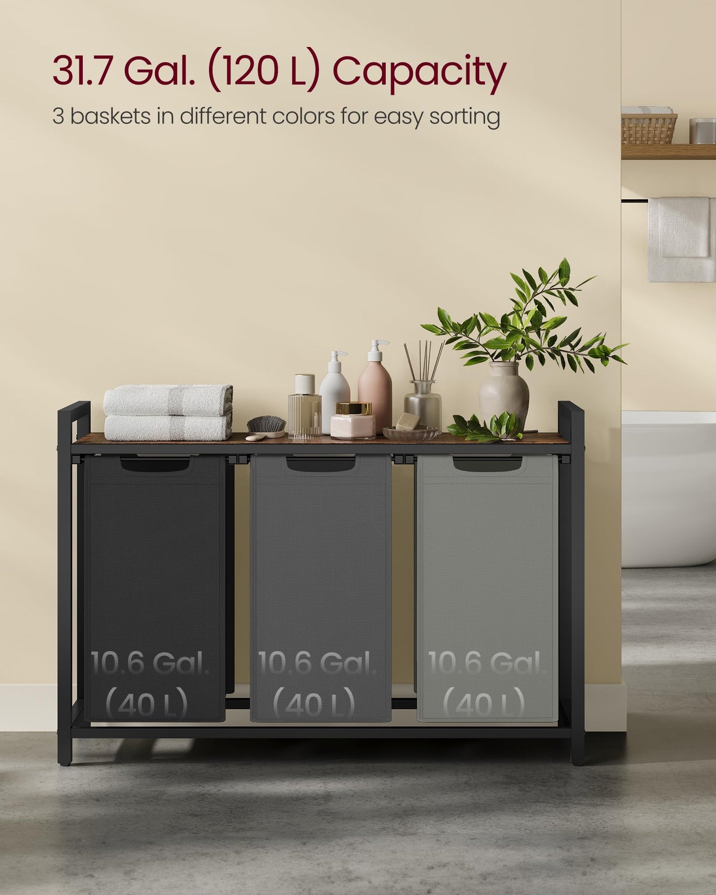 VASAGLE Laundry Hamper, Laundry Basket, Laundry Sorter with 3 Pull-Out and Removable Bags, Shelf