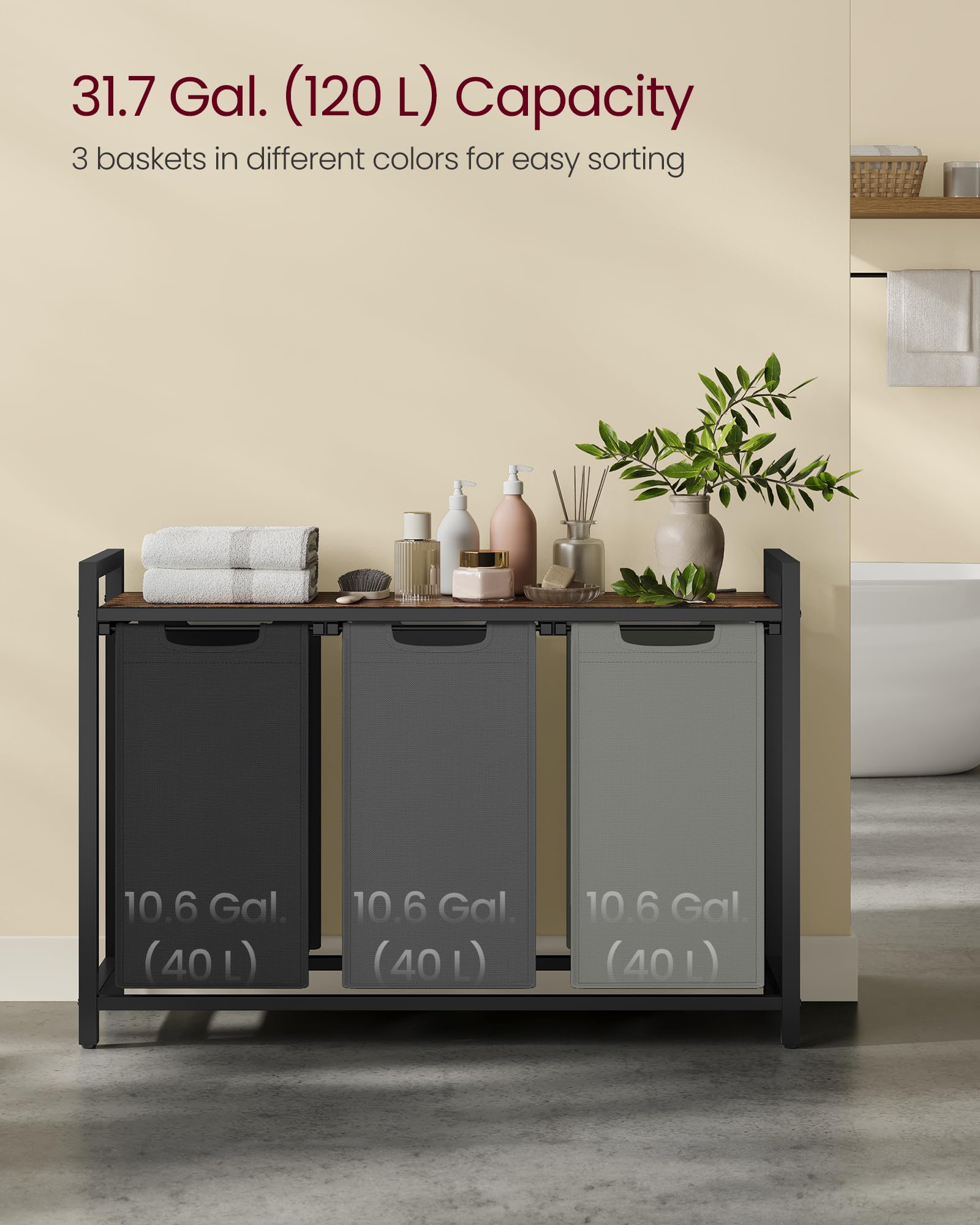 VASAGLE Laundry Hamper, Laundry Basket, Laundry Sorter with 3 Pull-Out and Removable Bags, Shelf