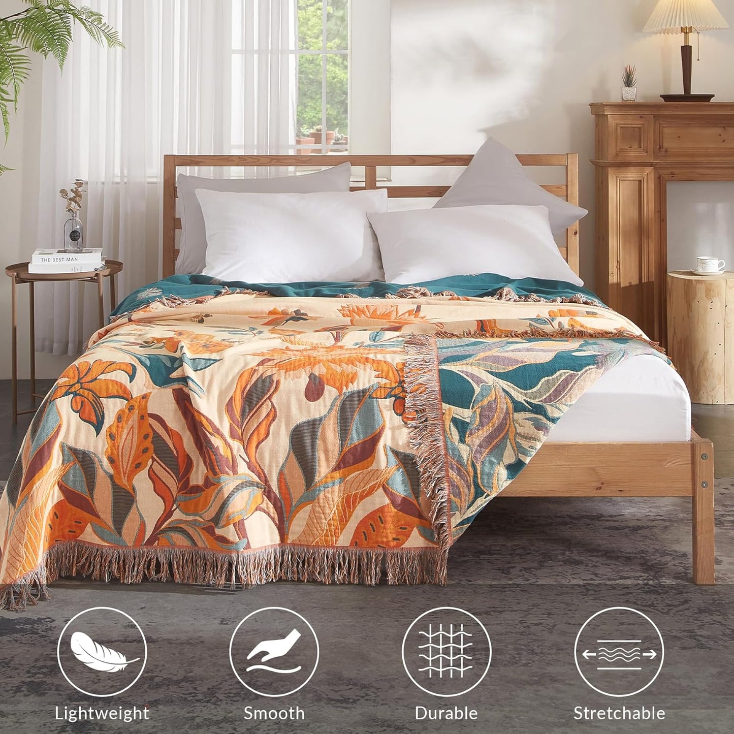 Boho Throw Blanket for Couch Sofa Bed, 100% Cotton Woven Quilt with Tassel 60”x80”, Super Soft Muslin Blanket with Floral Printed, Decorative Reversible Bed Blanket/Cover for All Seasons
