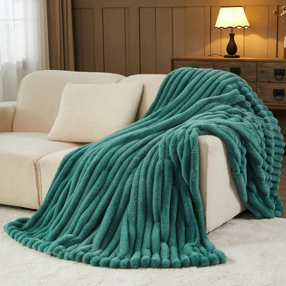NEWCOSPLAY Faux Fur Twin Blanket Light Teal 3D Ribbed Plush Thick Warm Blanket for Couch Sofa Bed 850GSM (Light Teal Ribbed, Twin(60"x80"))