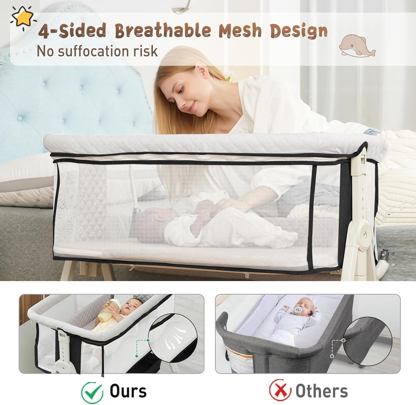Baby Bassinet Bedside Sleeper for Baby,Bedside Bassinet with Wheels and Storage Basket,All Mesh 6 Height Adjustable Easy to Assemble Bedside Crib (Upgrade Black)