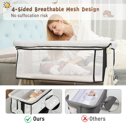 Baby Bassinet Bedside Sleeper for Baby,Bedside Bassinet with Wheels and Storage Basket,All Mesh 6 Height Adjustable Easy to Assemble Bedside Crib (Upgrade Black)