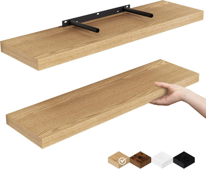 Fun Memories Floating Shelves for Wall, 24" Rustic Wood Deep Wall Mounted Shelves with Invisible Brackets for Decor & Storage, Floating Shelf for Living Room, Bathroom (Oak, Set of 2)