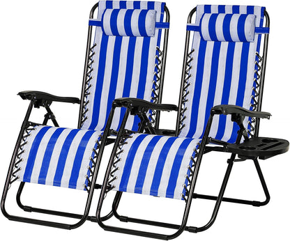 Nazhura Set of 2 Relaxing Recliners Patio Chairs Adjustable Steel Mesh Zero Gravity Lounge Chair Beach Chairs with Pillow and Cup Holder (Navy Blue Stripe)